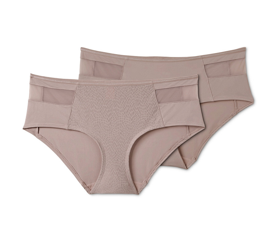 Zwei hautfarbene Pantys mit dekorativem, transparentem Streifen.