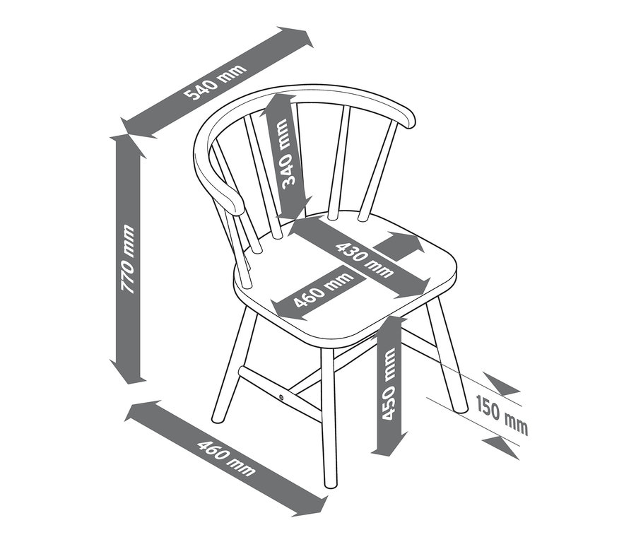 Skizze eines Holzstuhls mit Maßangaben.