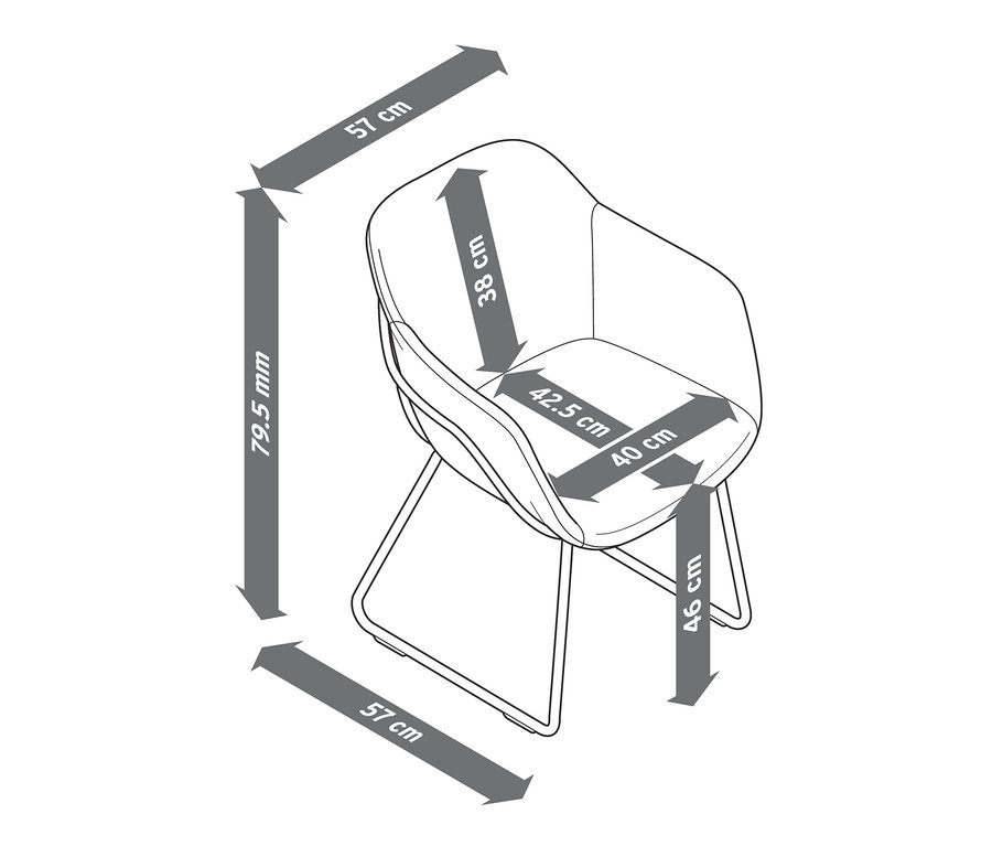 Eine Skizze von einem gepolsterten Schalenstuhl mit Metallbeinen in Olivgrün und Beige, mit hervorgehobenen Abmessungen.