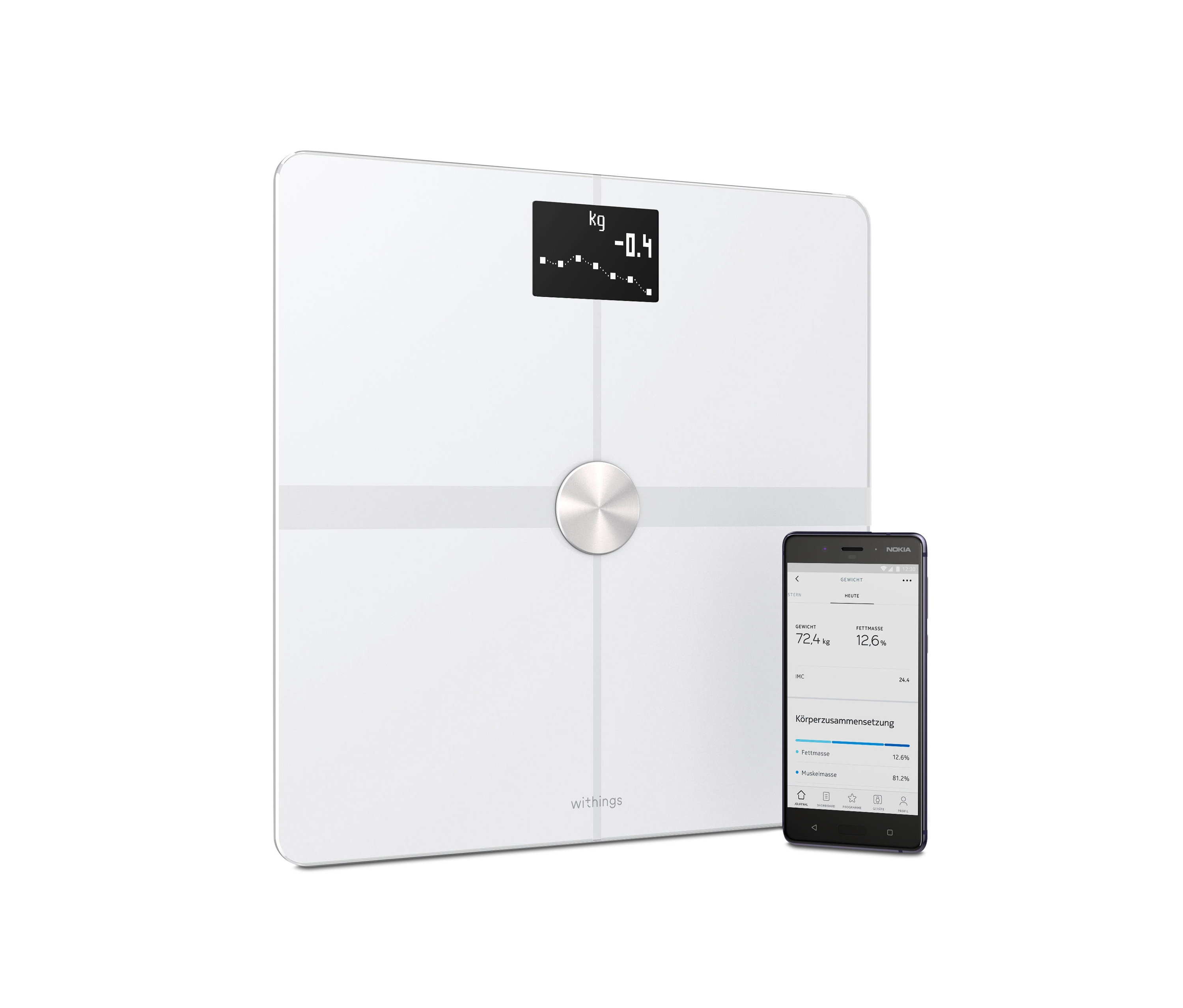 Weiße Withings Body+ Körperanalysewaage und ein schwarzes Smartphone, das Gewichtsdaten anzeigt.