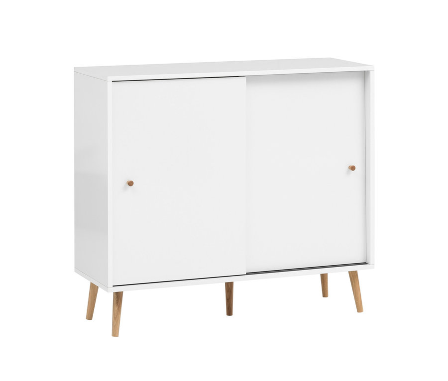 Weißer Schuhschrank Nordic »Jonte« mit zwei Schiebetüren und Holzfüßen.
