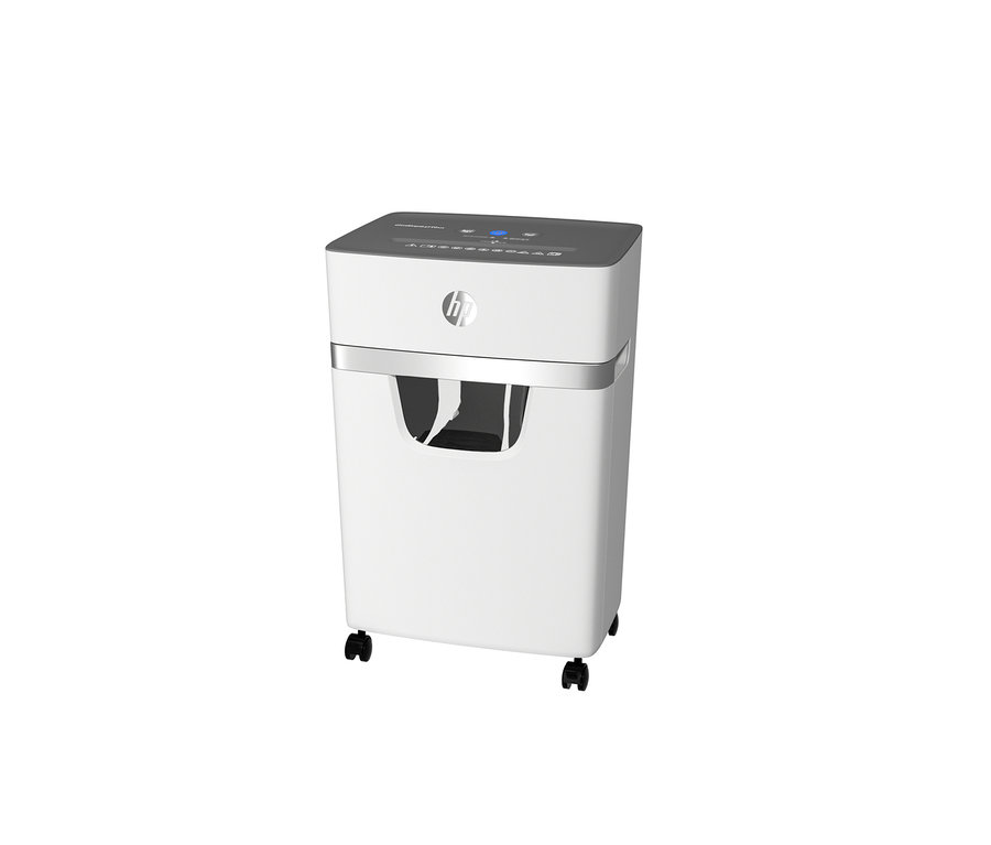 Weißer HP Aktenvernichter »OneShred 10MC« mit silbernen Akzenten und schwarzen Rädern.