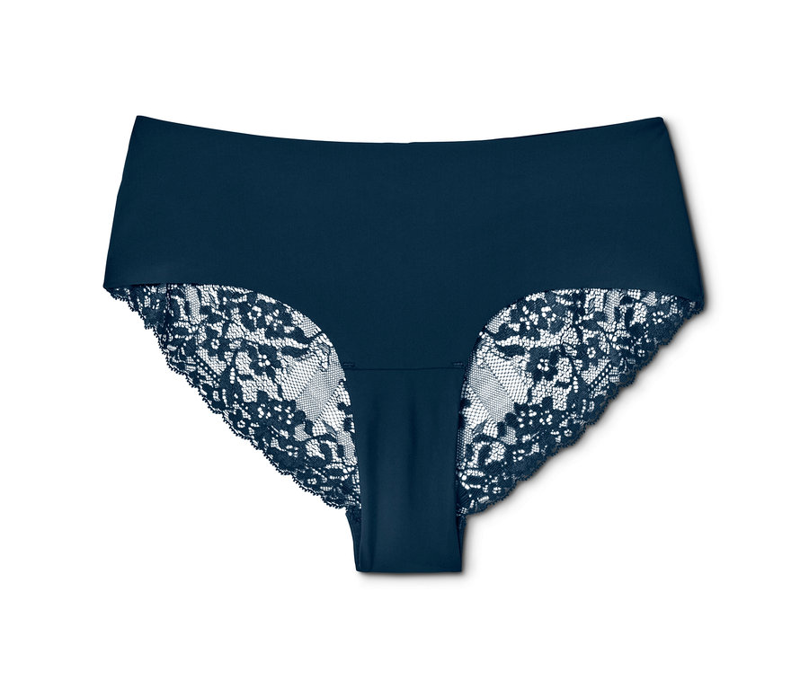 Dunkelblaue 2 Magic-Cut-Brazilslips mit Spitze.
