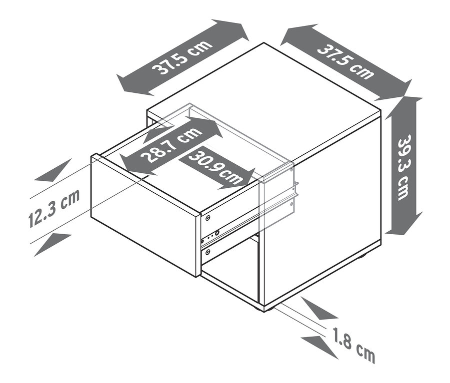 Diagramm eines Flemming Regalmoduls mit Abmessungen.