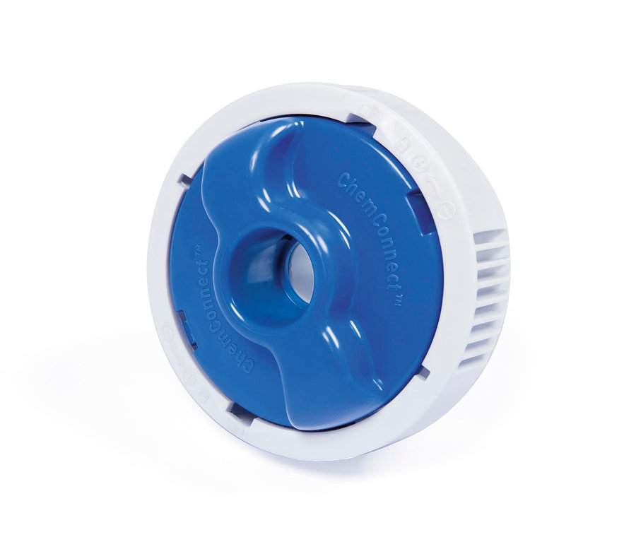 Weißes ChemConnect™-Aufsatzstück mit blauer Mitte vor einem weißen Hintergrund.