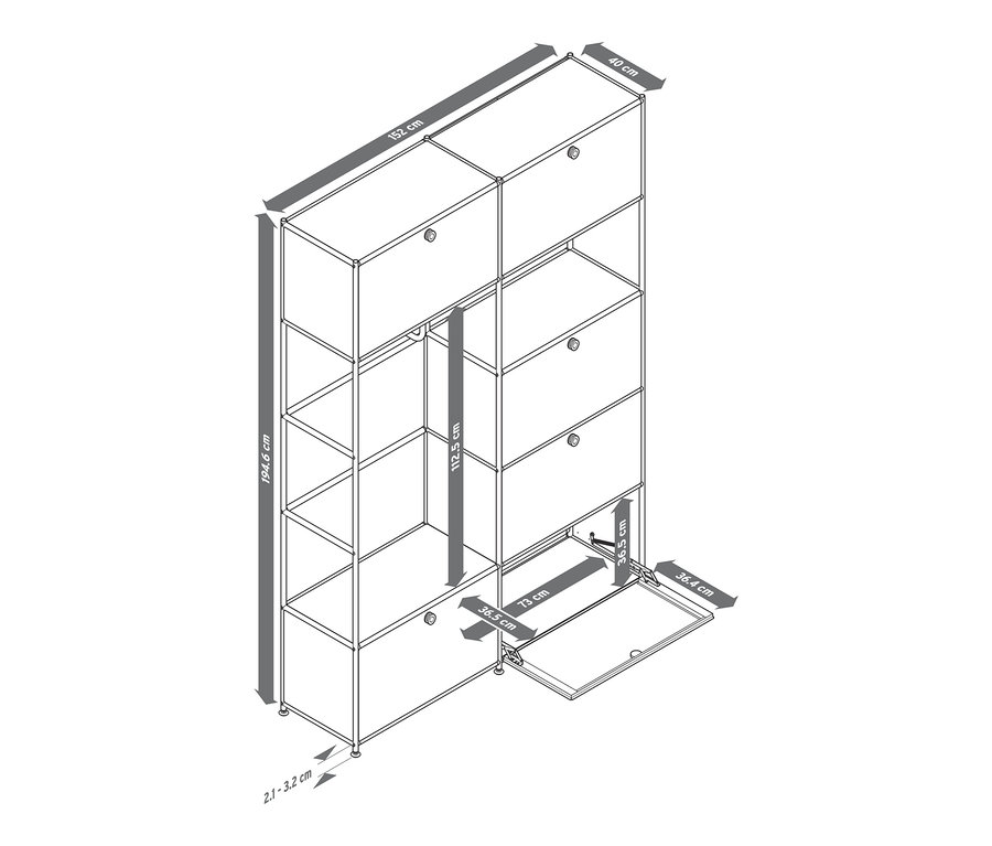 Abbildung eines Systemschranks Metall »CN3« in Schwarz, Grau und Weiß mit Maßangaben.