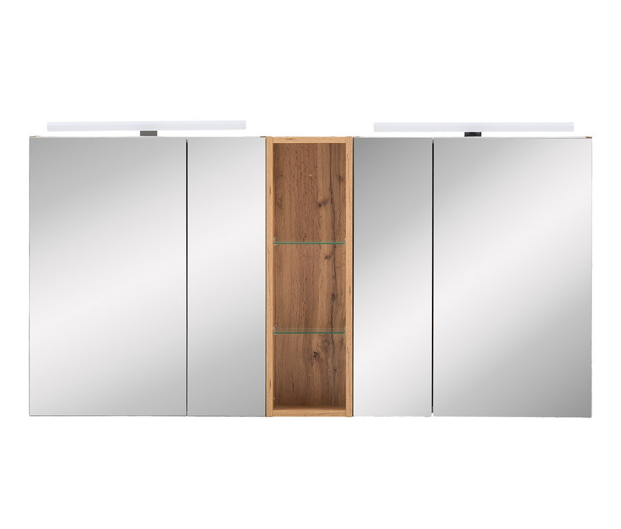 Ein geschlossener Spiegelschrank mit zwei Spiegeltüren und einem Holzregal in der Mitte. Zu sehen ist der Doppel-Spiegelschrank »DUO« mit Regal.