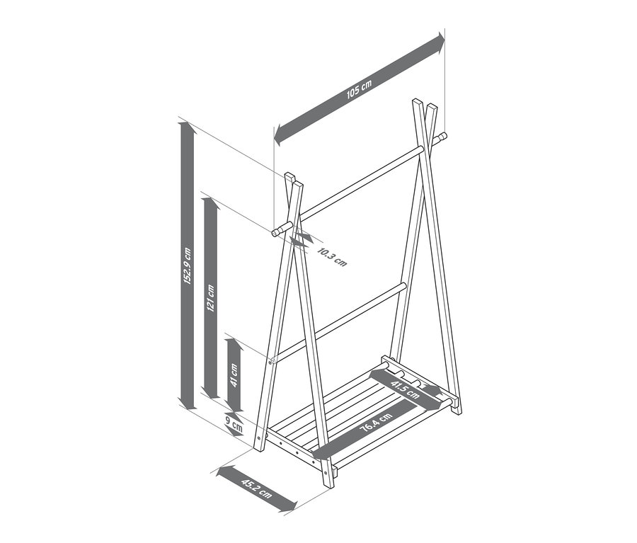 Abbildung einer hölzernen Kleiderstange mit Maßangaben.