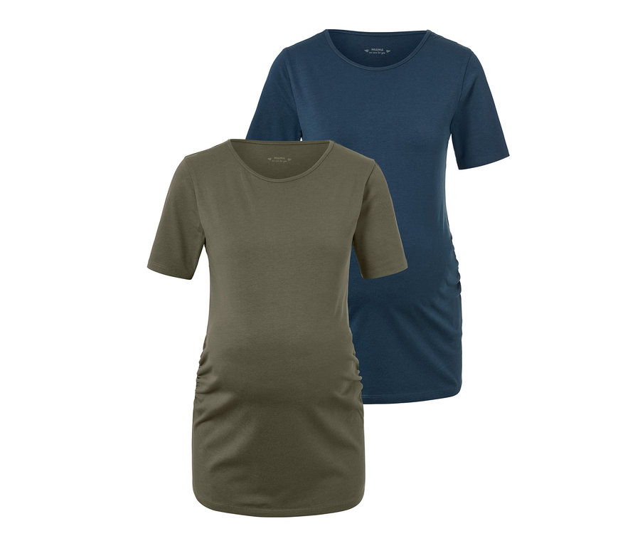 Zwei Umstands-Shirts, eines in Olivgrün, eines in Dunkelblau.