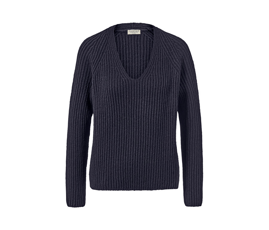 Dunkelblauer Grobstrick-Pullover mit Wolle und V-Ausschnitt.