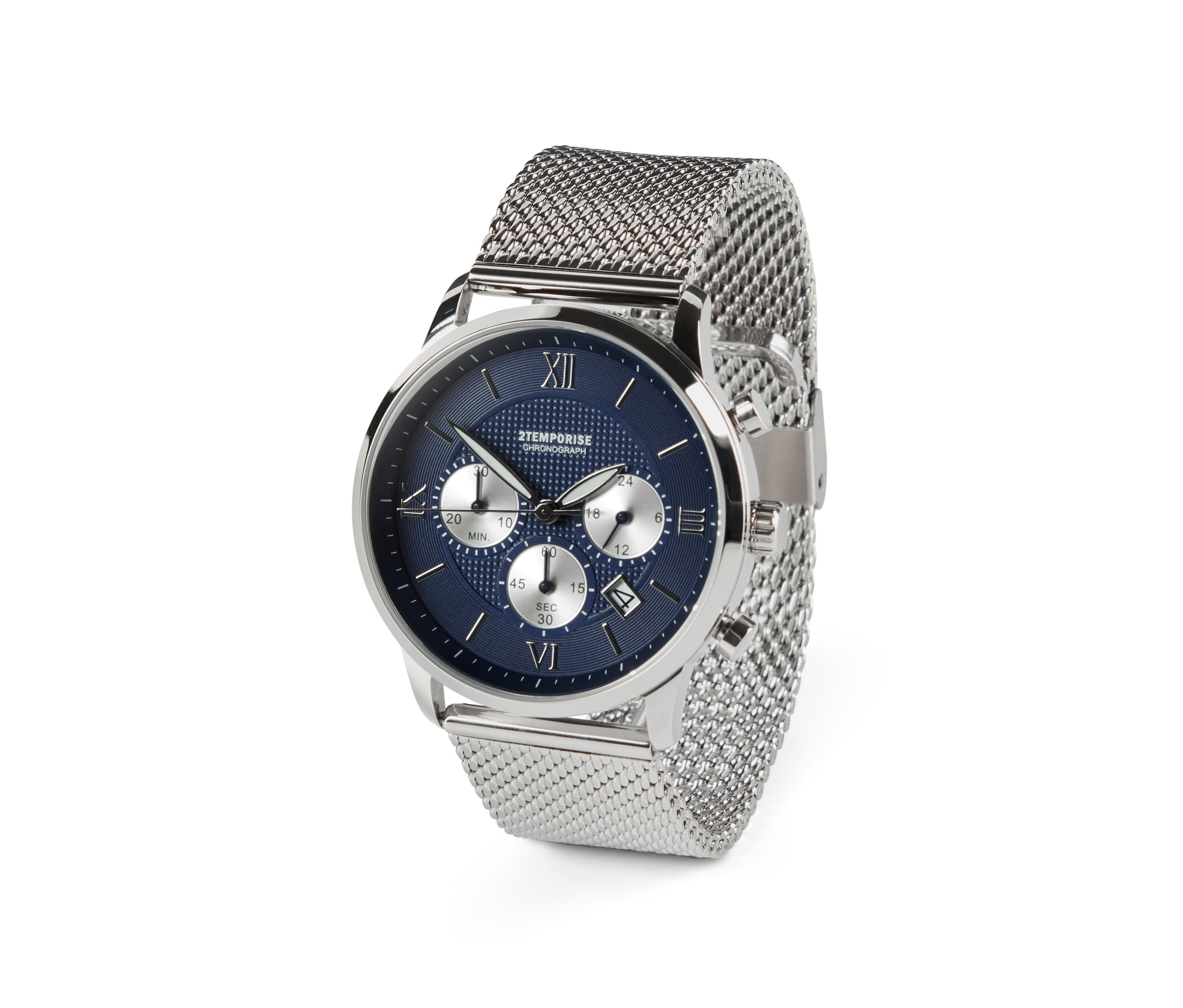 Nahaufnahme eines silbernen Herren-Chronographen aus Edelstahl mit blauem Zifferblatt.