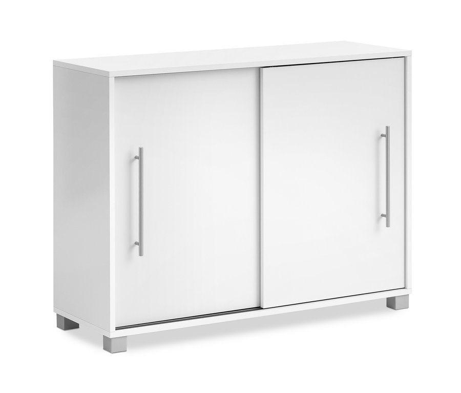 Ein weißer Schiebetürenschrank steht vor einem weißen Hintergrund. Es handelt sich um den Schiebetürenschrank »Milo« von Schildmeyer.