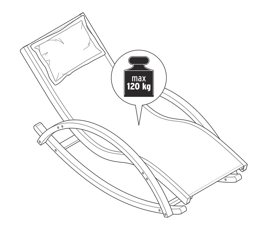 Eine Skizze einer Teak-Schaukelliege mit einer maximalen Belastbarkeit von 120 kg.