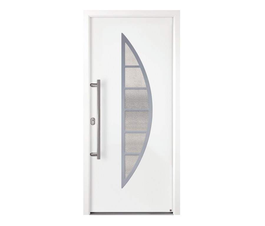 Weiße KM Meeth Aluminium-Haustür »A606-3D-S2« mit halbmondförmigem Glaseinsatz und silbernem Griff auf der linken Seite.
