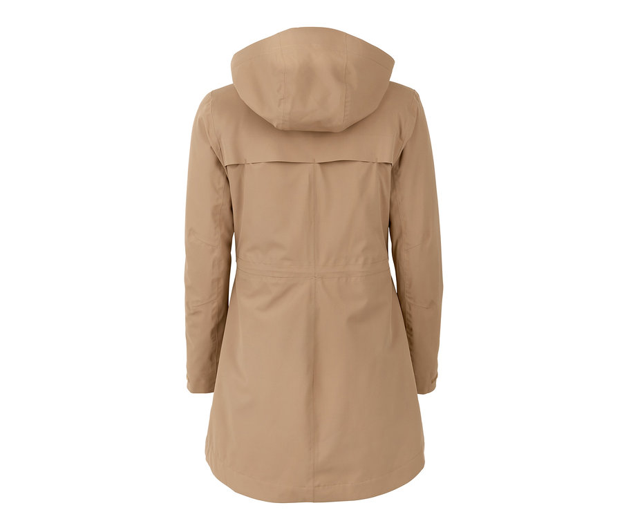 Rückansicht des beigen 3-in-1-Funktions-Outdoormantels.