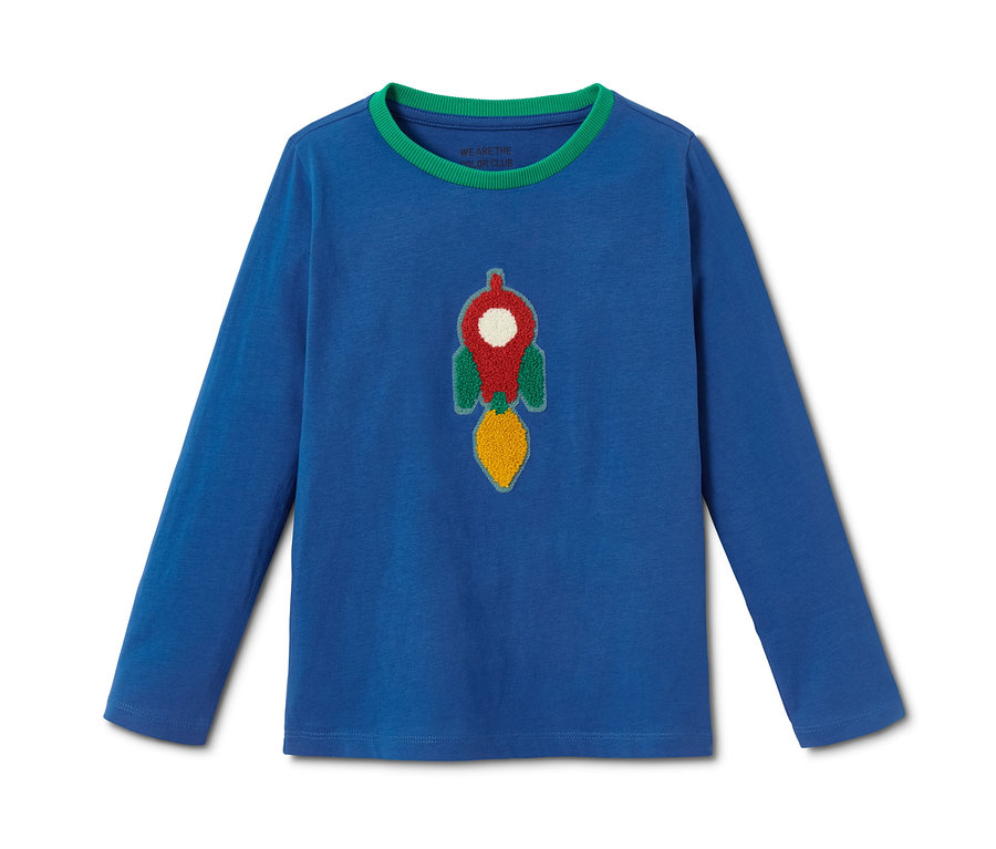 Blaues Langarmshirt mit Rakete.