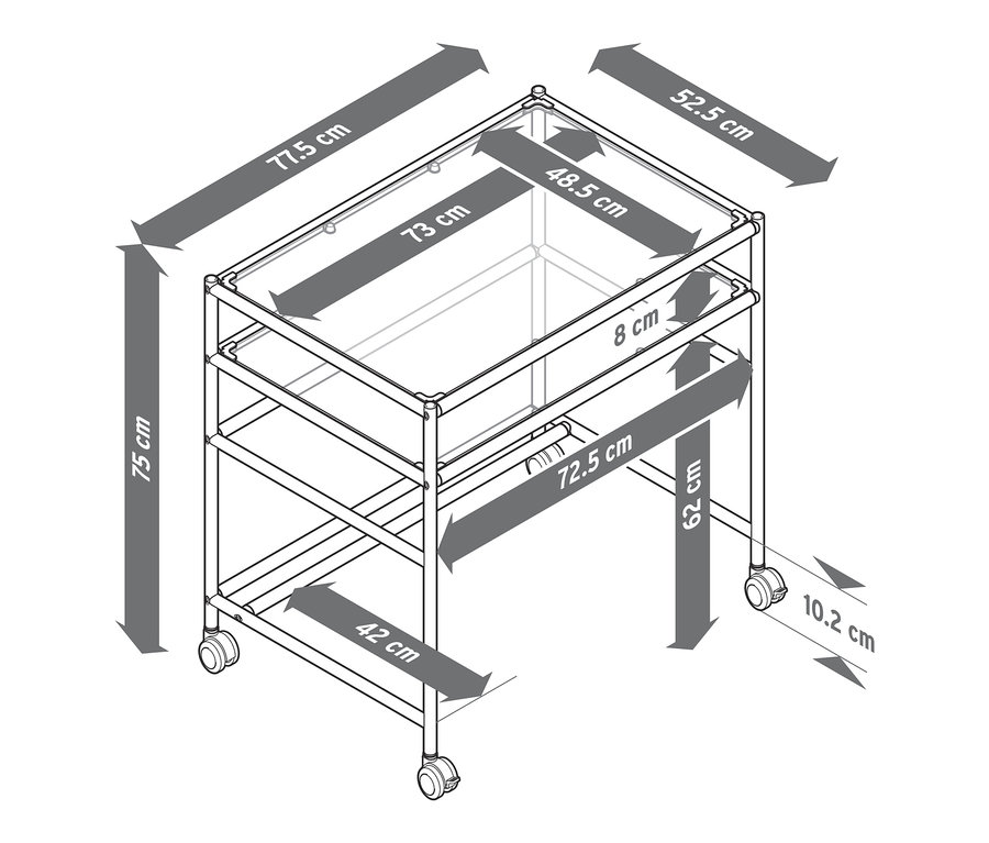 Illustration von einem Officetisch Metall »CN3« mit Glas-Arbeitsfläche mit den Massangaben.
