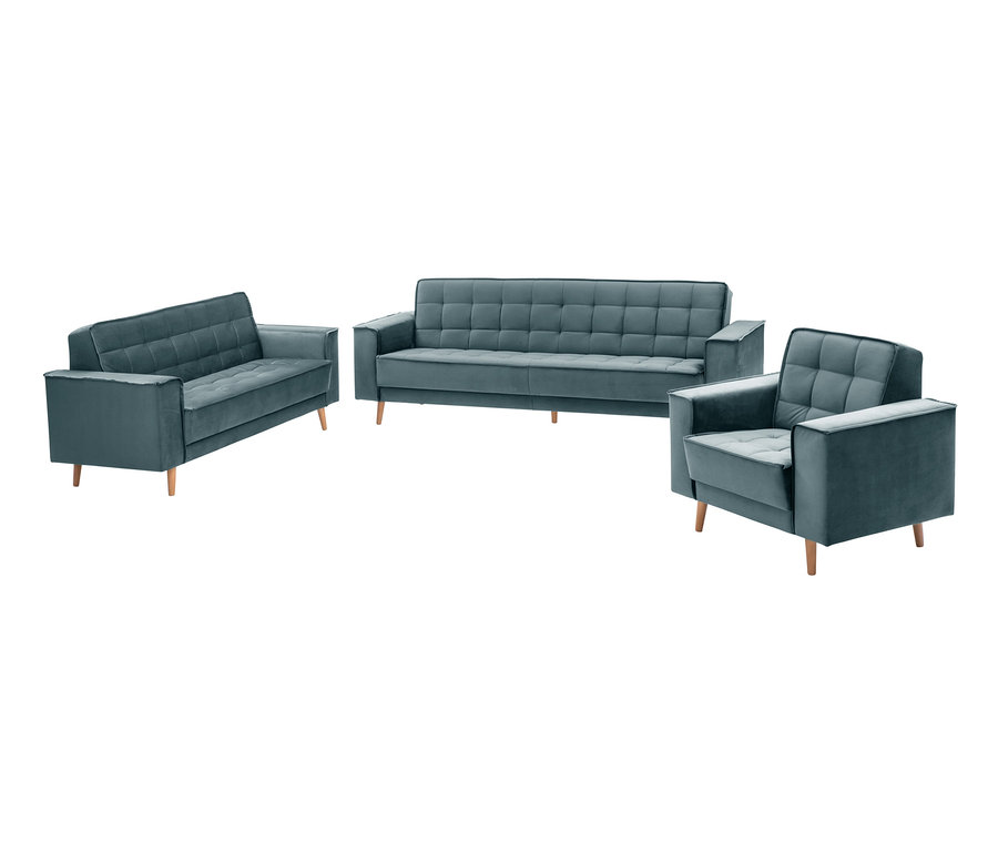 Abgebildet ist eine Möbelgarnitur mit einem Dreisitzer-Sofa, einem Zweisitzer-Sofa und einem Sessel, alle in azurblau und mit Holzbeinen. Das Dreisitzer-Sofa ist das Max Winzer® 3-Sitzer-Schlafsofa »Jolene«.