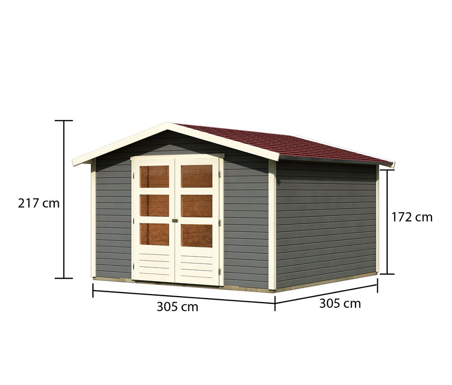 Abbildung des Karibu Gerätehauses mit Doppelflügeltür, 19 mm (Adamma 6).