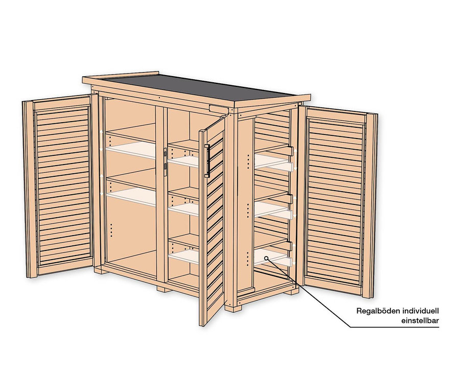 Geöffneter Gartenschrank mit verstellbaren Regalböden der Marke WEKA »Garten Q Teras«.