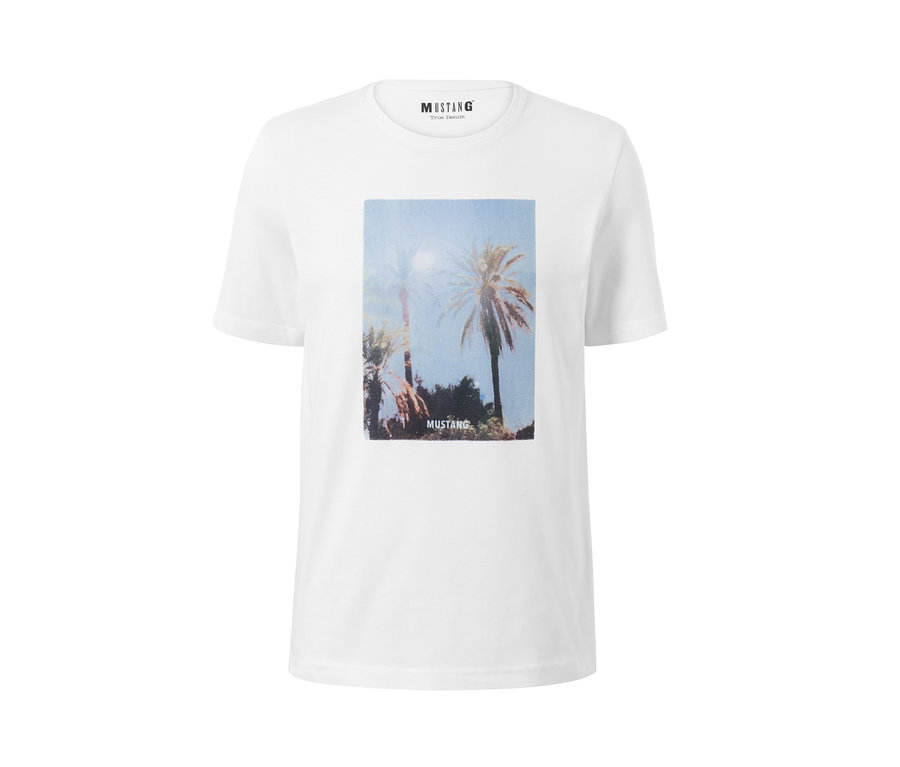 Weißes T-Shirt »Mustang« mit Palmen-Aufdruck.