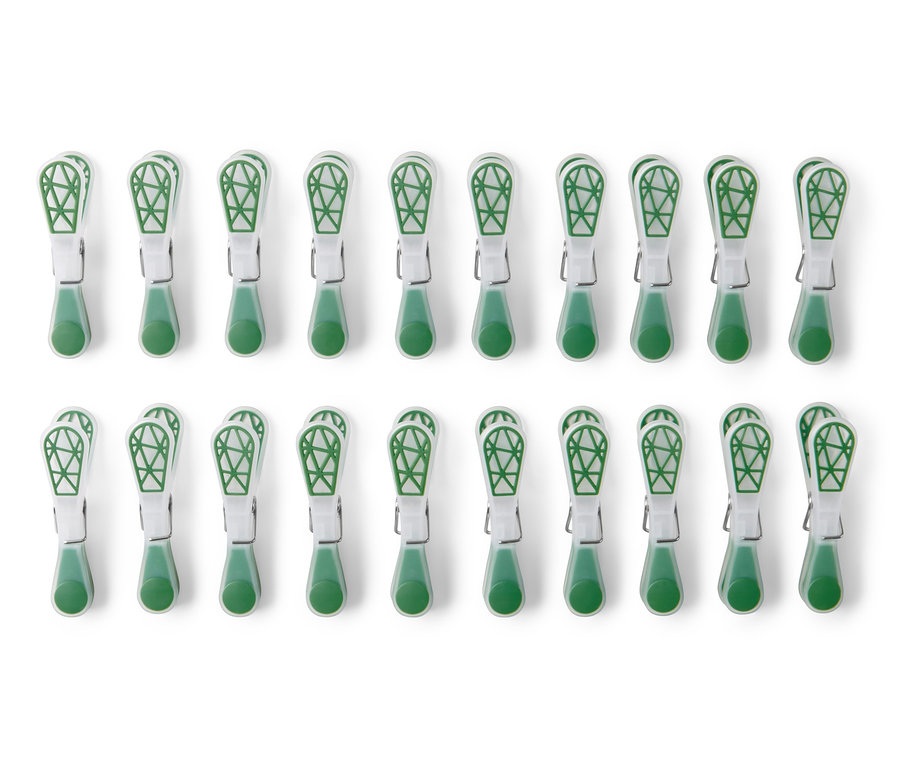 Zwei Reihen von 20 Wäscheklammern.