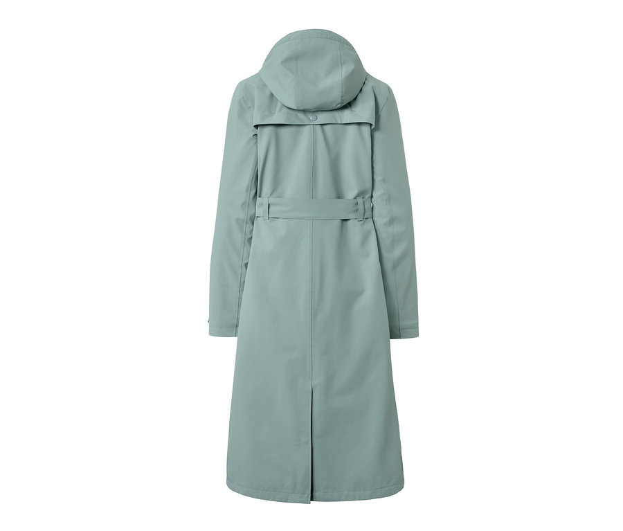 Rückansicht eines Regen-Trenchcoats mit Kapuze und Gürtel.