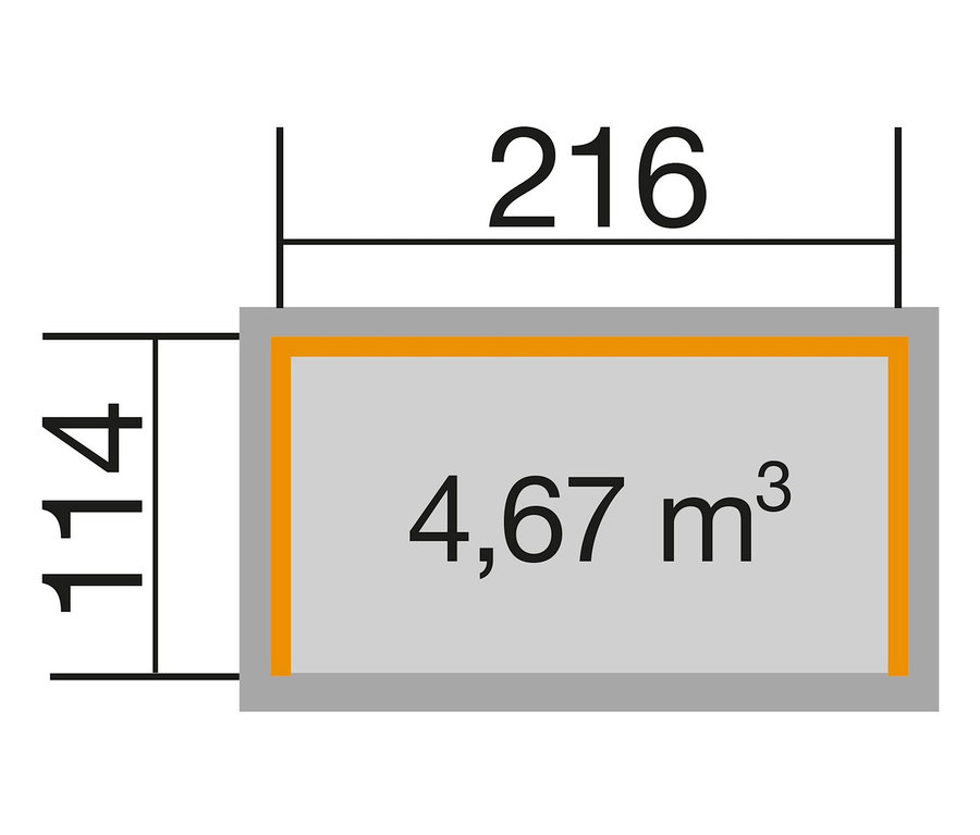 Abmessungen WEKA Brennholzlager: Breite 216 cm, Höhe 114 cm, Volumen 4,67 m3.
