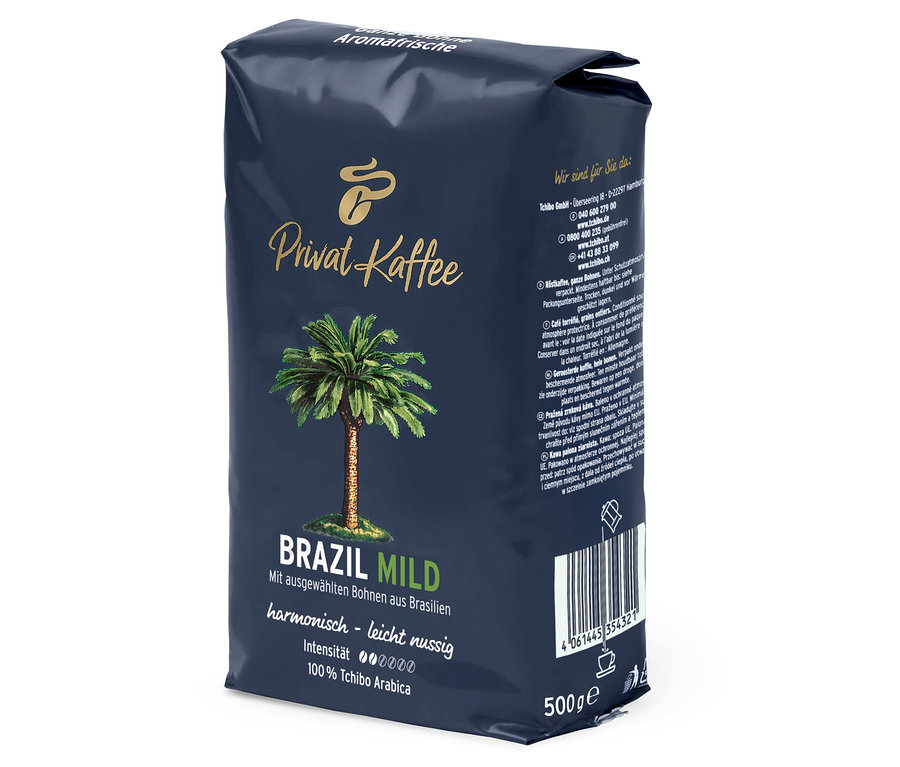 Eine Packung Privat Kaffee Brazil Mild, 500 g, ganze Bohne.