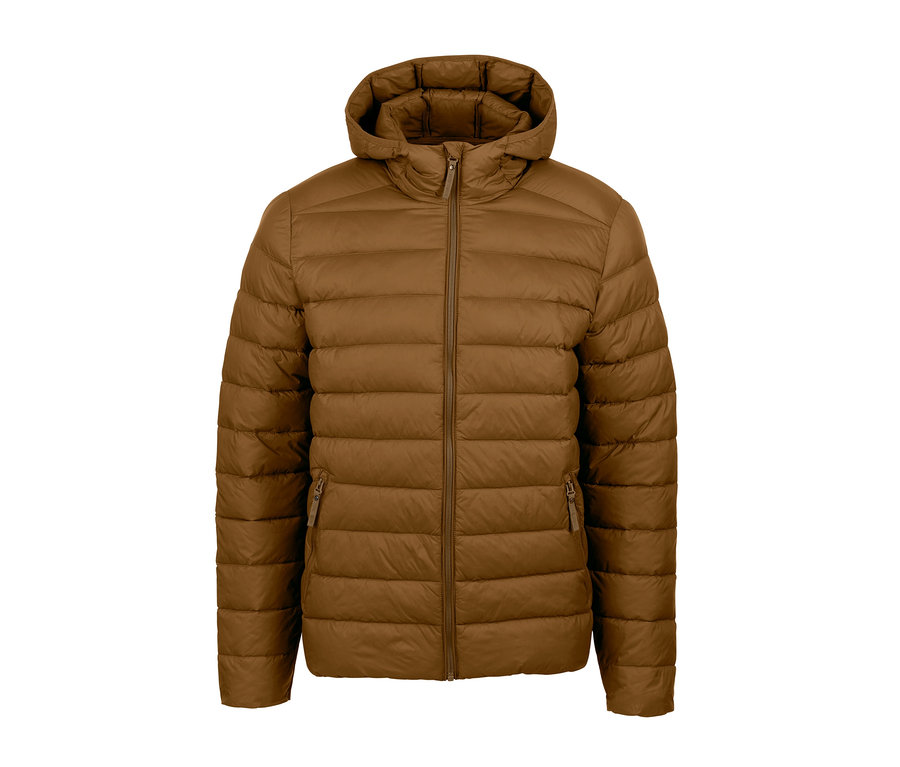 Braune Steppjacke mit Kapuze und Reißverschluss in der Mitte.
