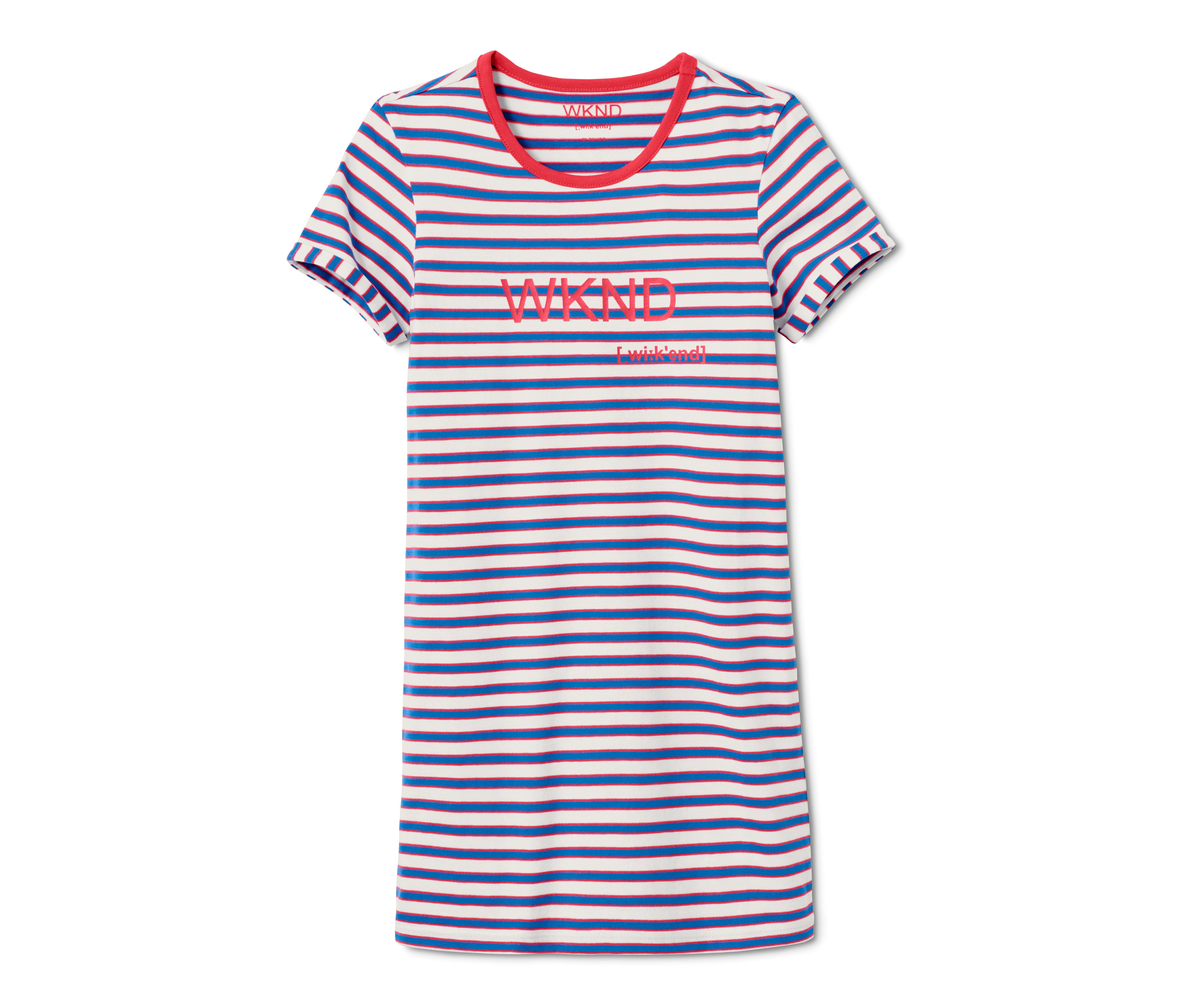 Gestreiftes Mädchen-Nachthemd mit kurzen Ärmeln und rotem Saum.