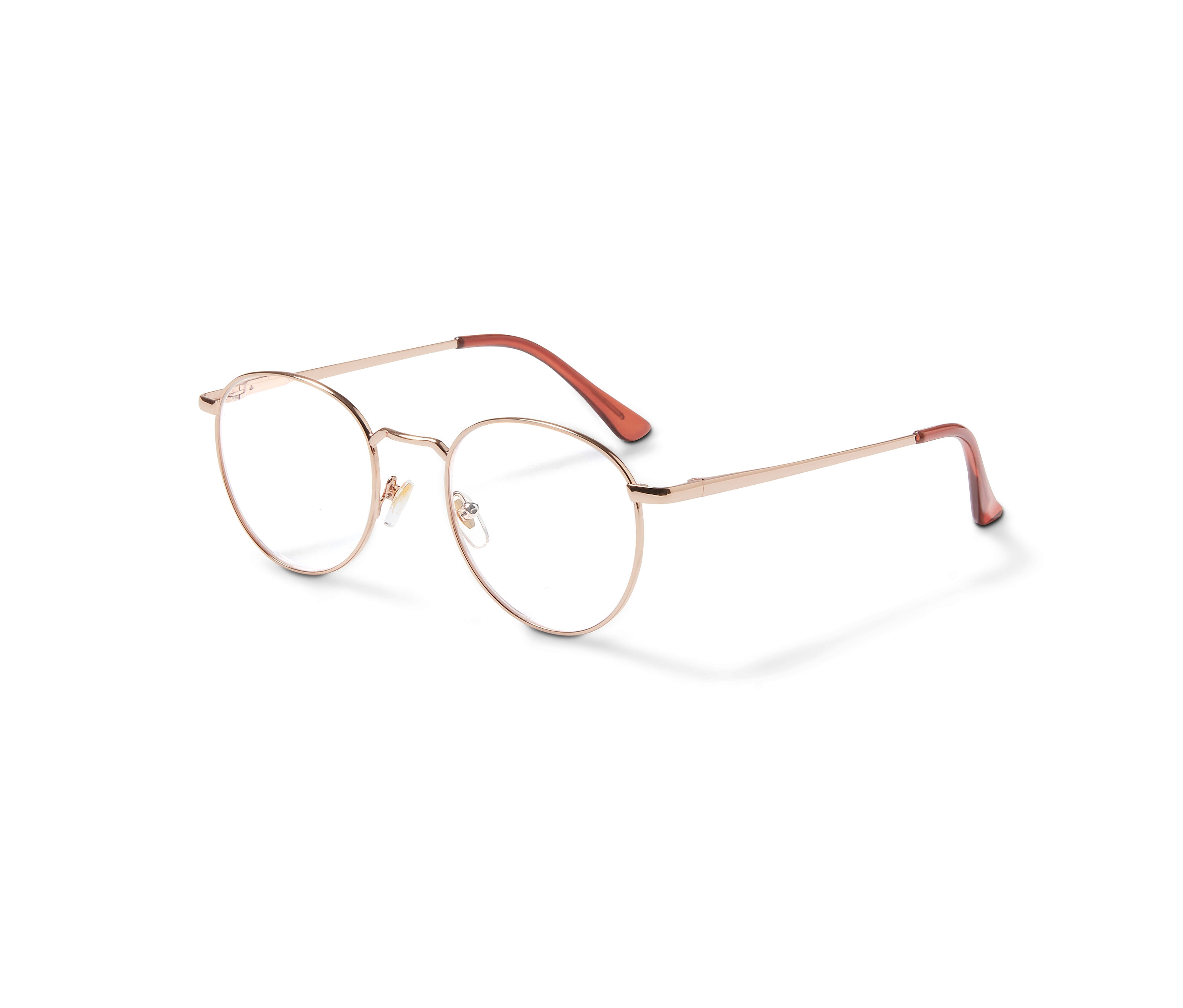 Nahaufnahme einer Blaulichtfilter-Brille mit runden Fassungen und braunen Bügeln.