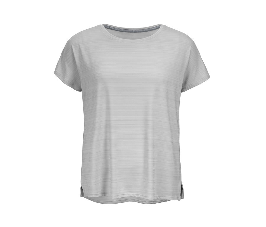 Helles, grau meliertes Sportshirt.