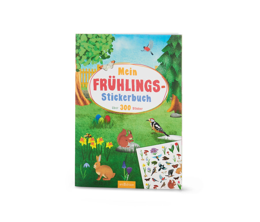 Buch »Mein Frühlings-Stickerbuch« liegt auf einer weißen Oberfläche.