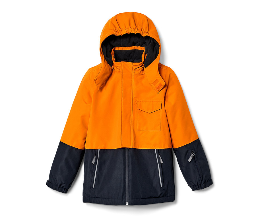 Orange-dunkelblaue Ski- und Snowboardjacke mit Kapuze.