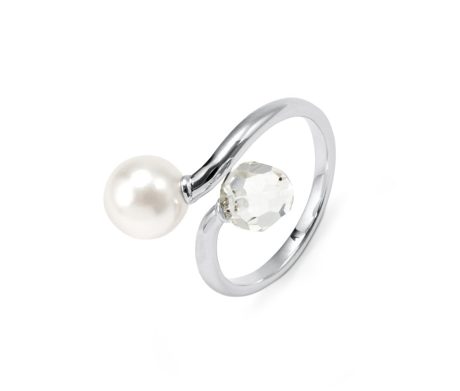 Silberfarbener Ring verziert mit Glasperle und Glaskristall.