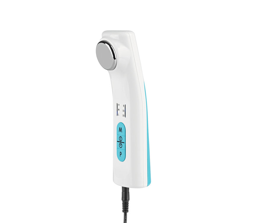 Detailaufnahme des weißen VITALmaxx-Schmerztherapie-Ultraschallgeräts mit blauen Akzenten und silbernem Kopf.