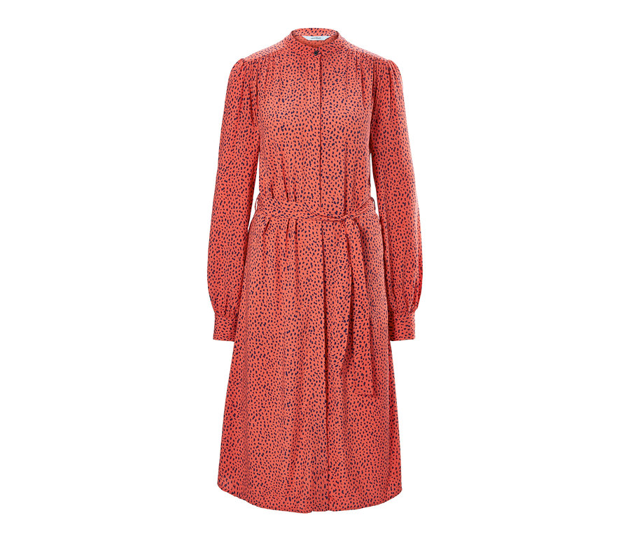Orangefarbenes Viskose-Blusenkleid mit dunkelblauem Punktmuster und Gürtel.