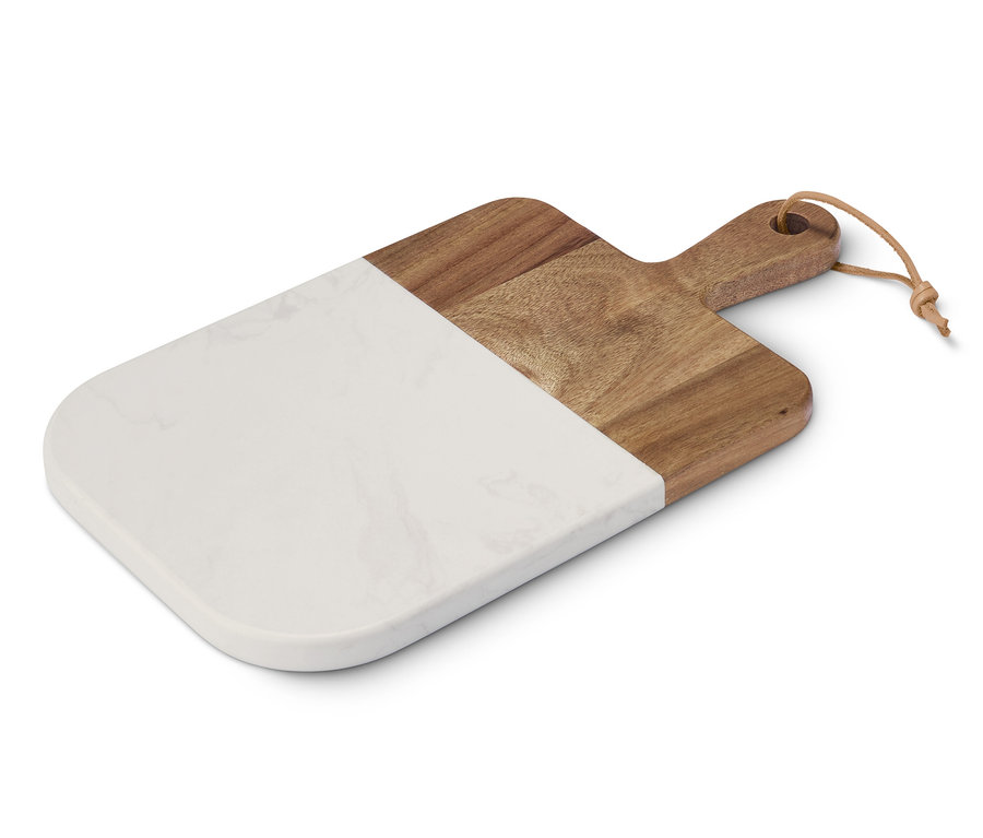Rechteckiges Servierbrett mit Griff, eine Kombination aus Holz und Marmor.