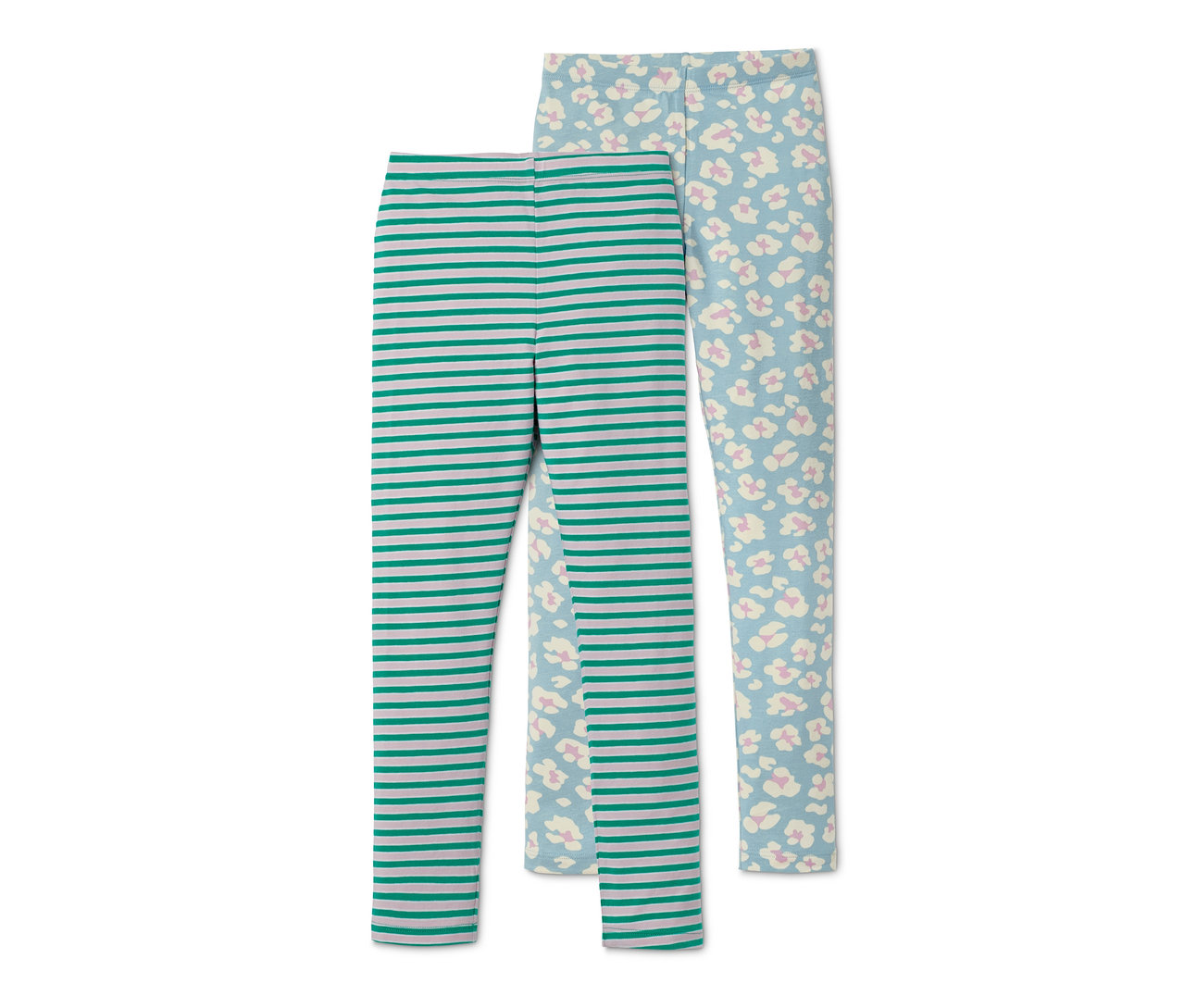 Zwei Leggings: Eine grün-grau gestreift, die andere hellblau mit Blumenmuster.