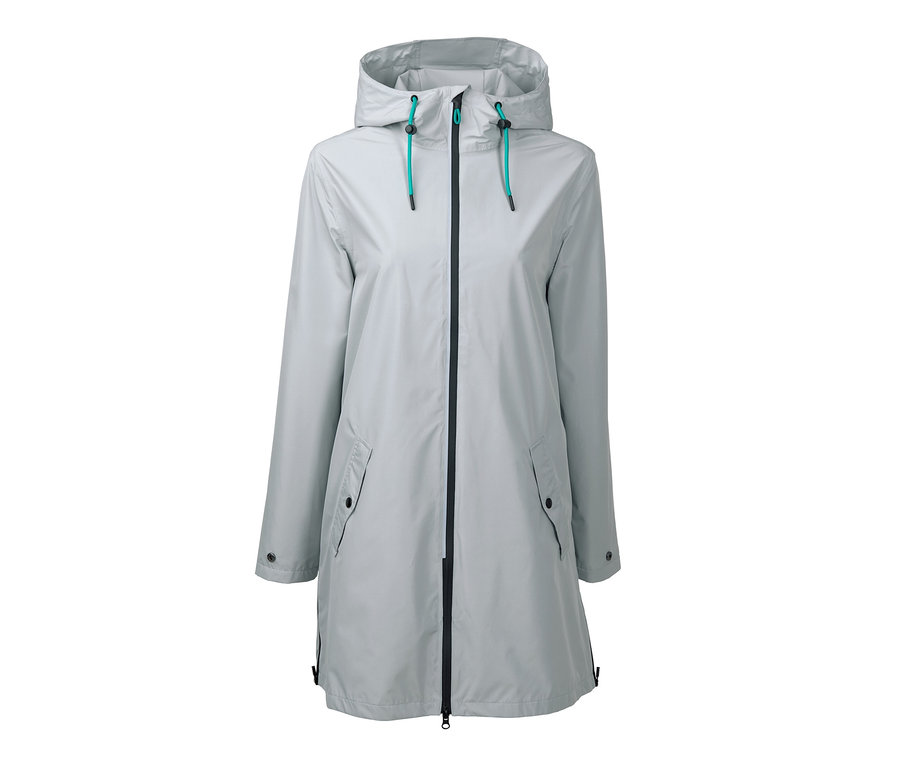 Ein grauer Regenjackenponcho mit Kapuze und schwarzem Reißverschluss.