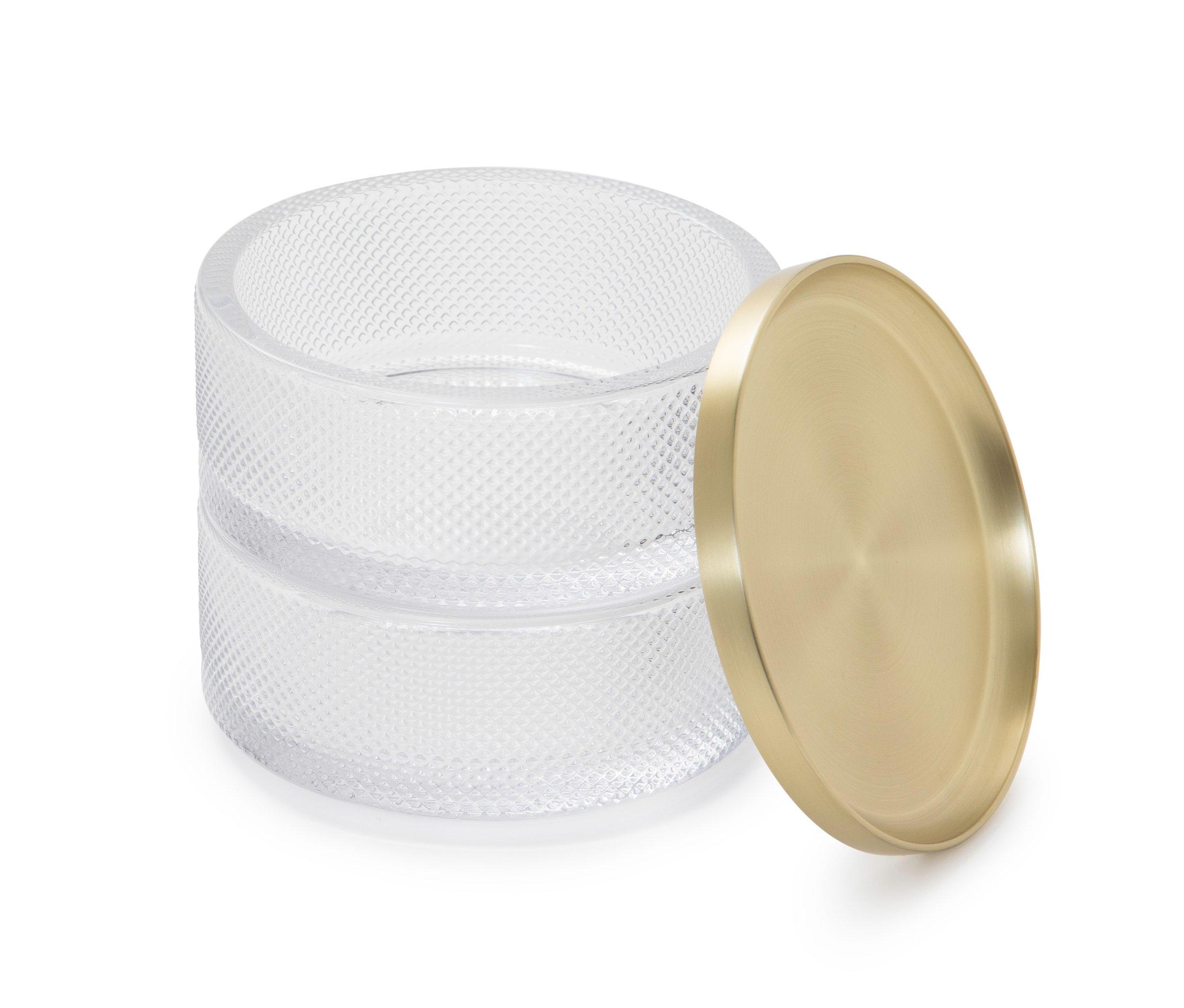 Eine durchsichtige Glasdose mit Textur und goldenem Deckel von Umbra Tesora.
