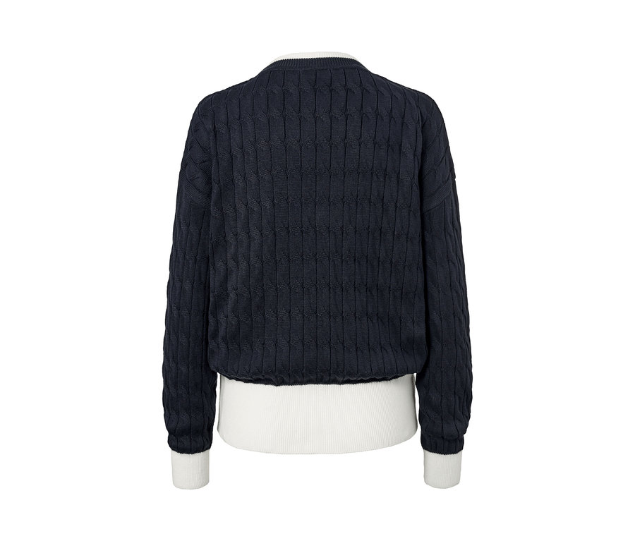 Marineblauer Pullover mit V-Ausschnitt und hellen Bündchen an Hals und Ärmeln.