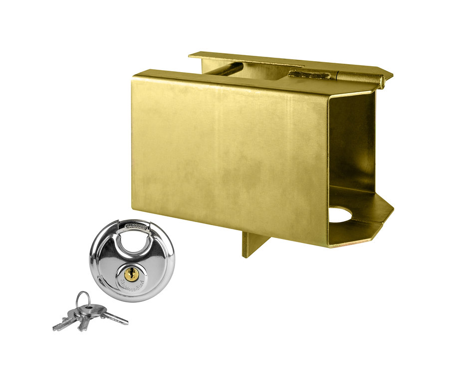 Goldfarbene LAS Kastensicherung mit Schloss »11801« mit silberfarbenem Schloss und Schlüsseln.