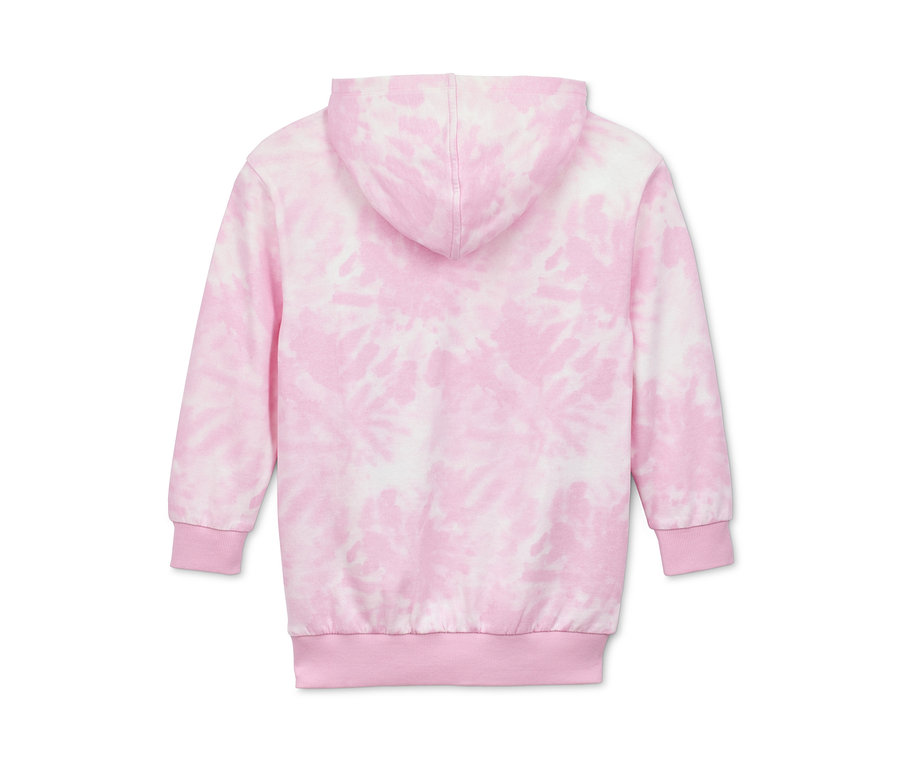 Rückansicht eines Kapuzen-Sweatshirts aus Bio-Baumwolle mit rosa Batikmuster.
