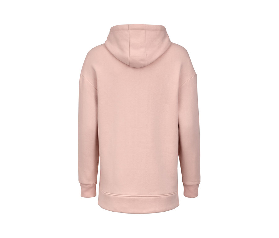 Rückansicht eines langen Kapuzen-Sweatshirts.
