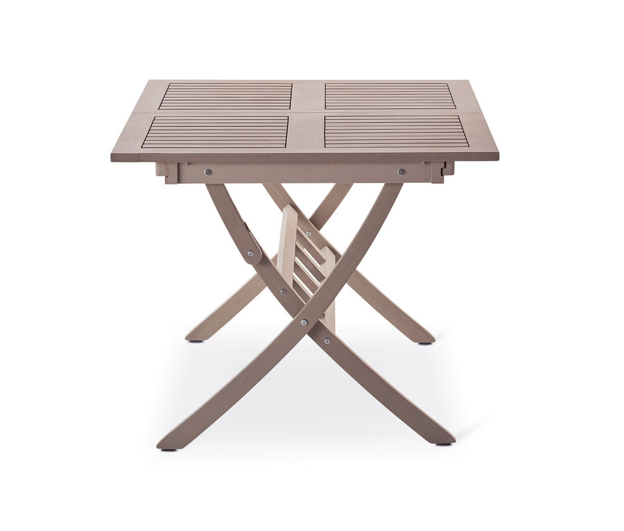 Quadratischer Tisch aus dem Dining-Set »Leira«, 6-teilig, mit Holzplatte und X-förmigen Klappbeinen.