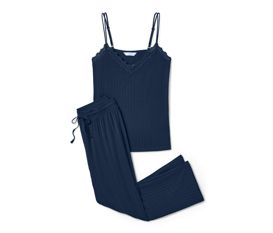 Dunkelblauer Pyjama mit Spitzenoberteil und Hose.