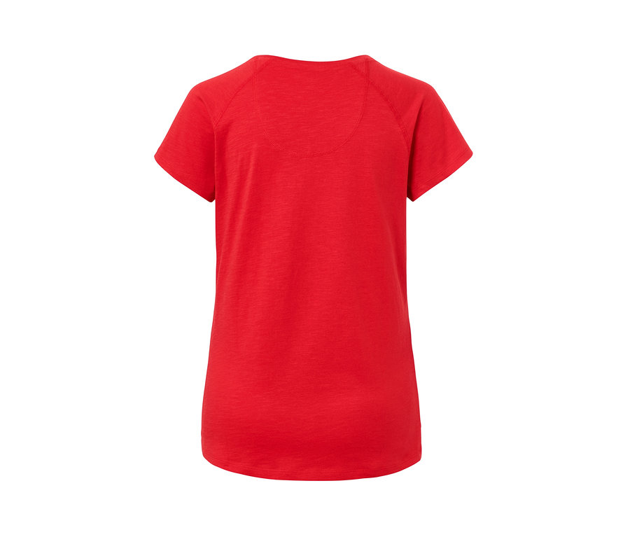 Rotes T-Shirt mit kurzem Ärmel und Statement-Print von hinten.