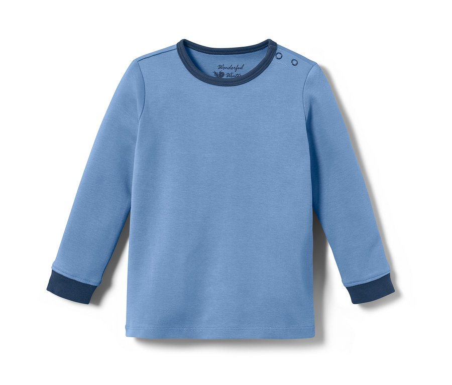 Blauer Kleinkinder-Interlock-Pyjama mit langen Ärmeln und dunkelblauem Saum.